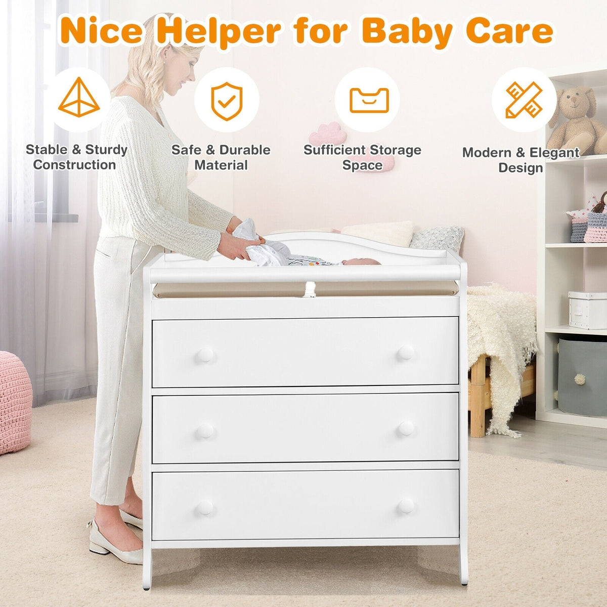 Baby Changing Table with 3 Drawers and Safety Belt-White, FULLY ASSEMBLED