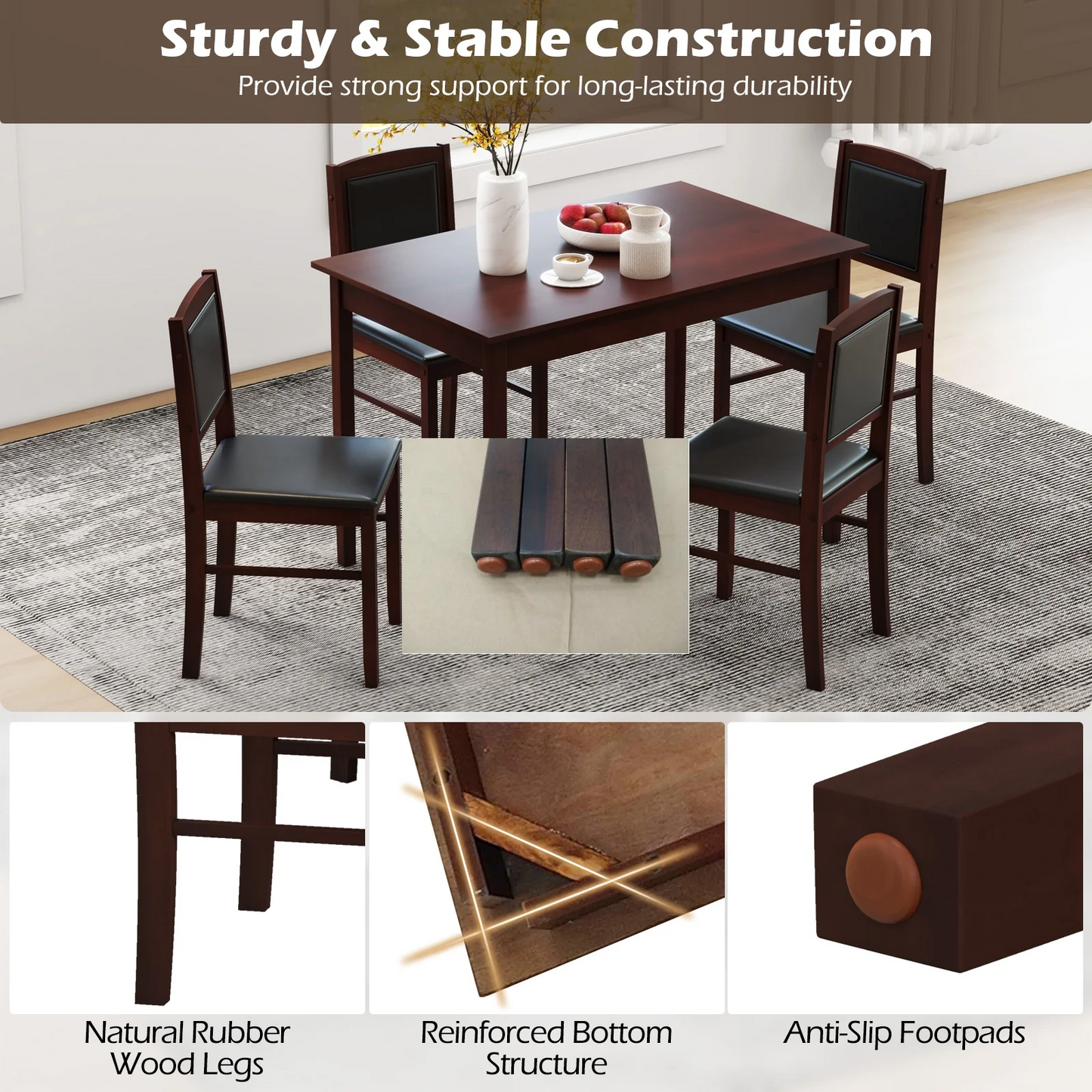 5-Piece Dining Set for 4 with Rubber Wood Legs for Small Dining Room, Brown, fully assembled (Copy)