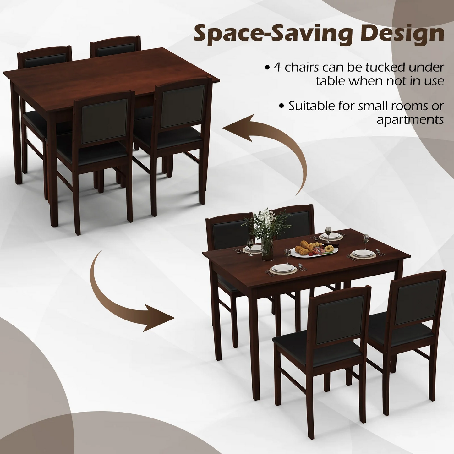 5-Piece Dining Set for 4 with Rubber Wood Legs for Small Dining Room, Brown, fully assembled (Copy)