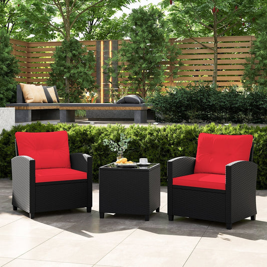 3 Pieces Patio Furniture Set with Tempered Glass Coffee Table-RED - (Assembled)