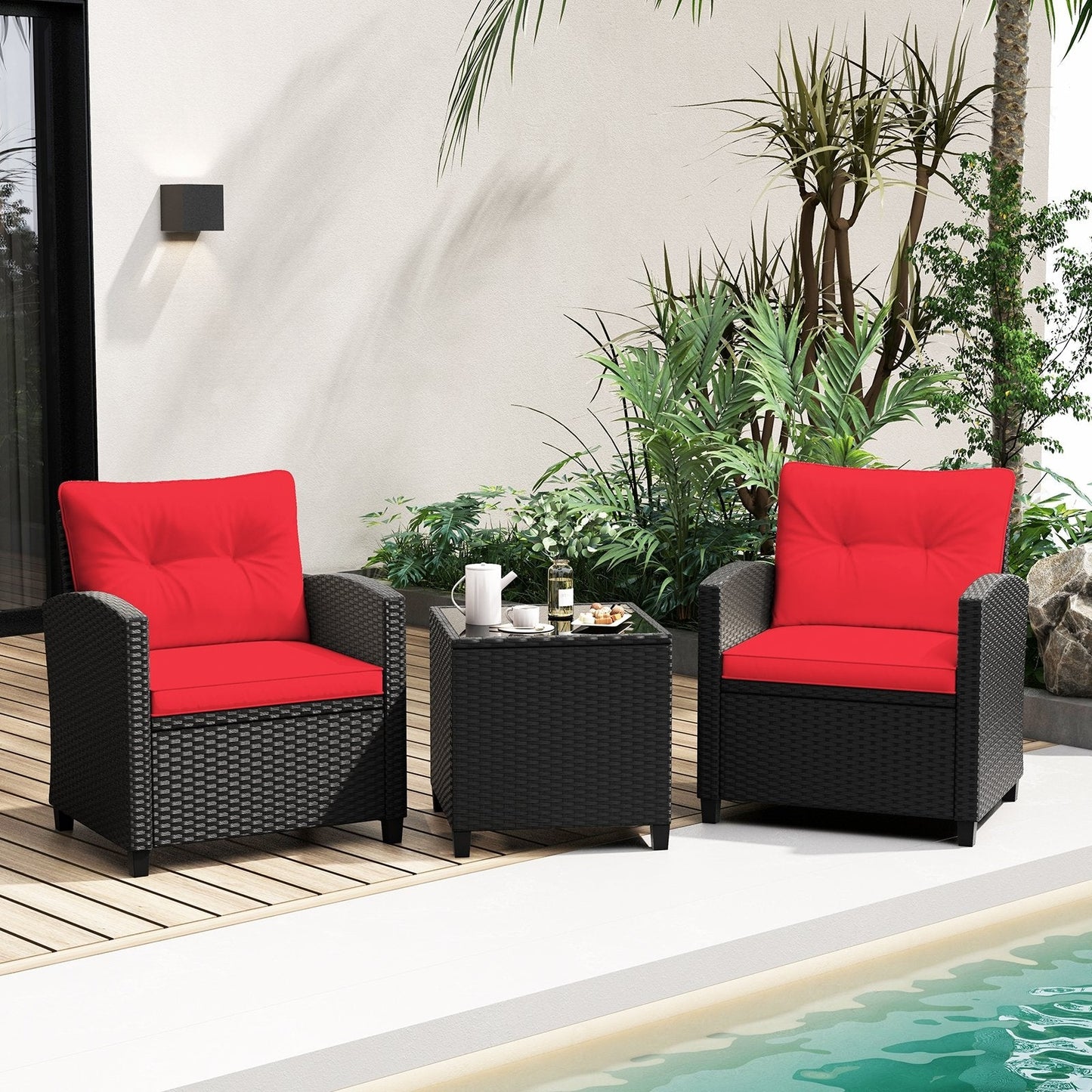 3 Pieces Patio Furniture Set with Tempered Glass Coffee Table-RED - (Assembled)