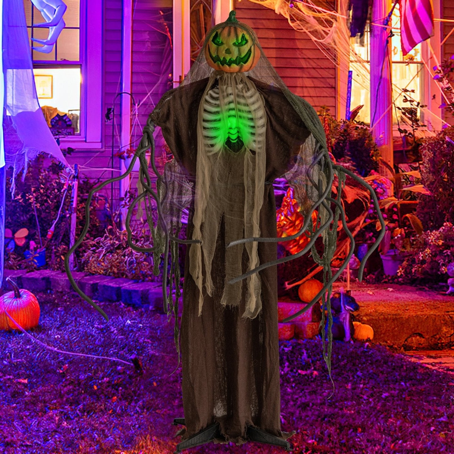 6 Feet Halloween Animatronics Light Up Talking Ghost Pumpkin with Glowing Ribs and Moving Head (Copy)