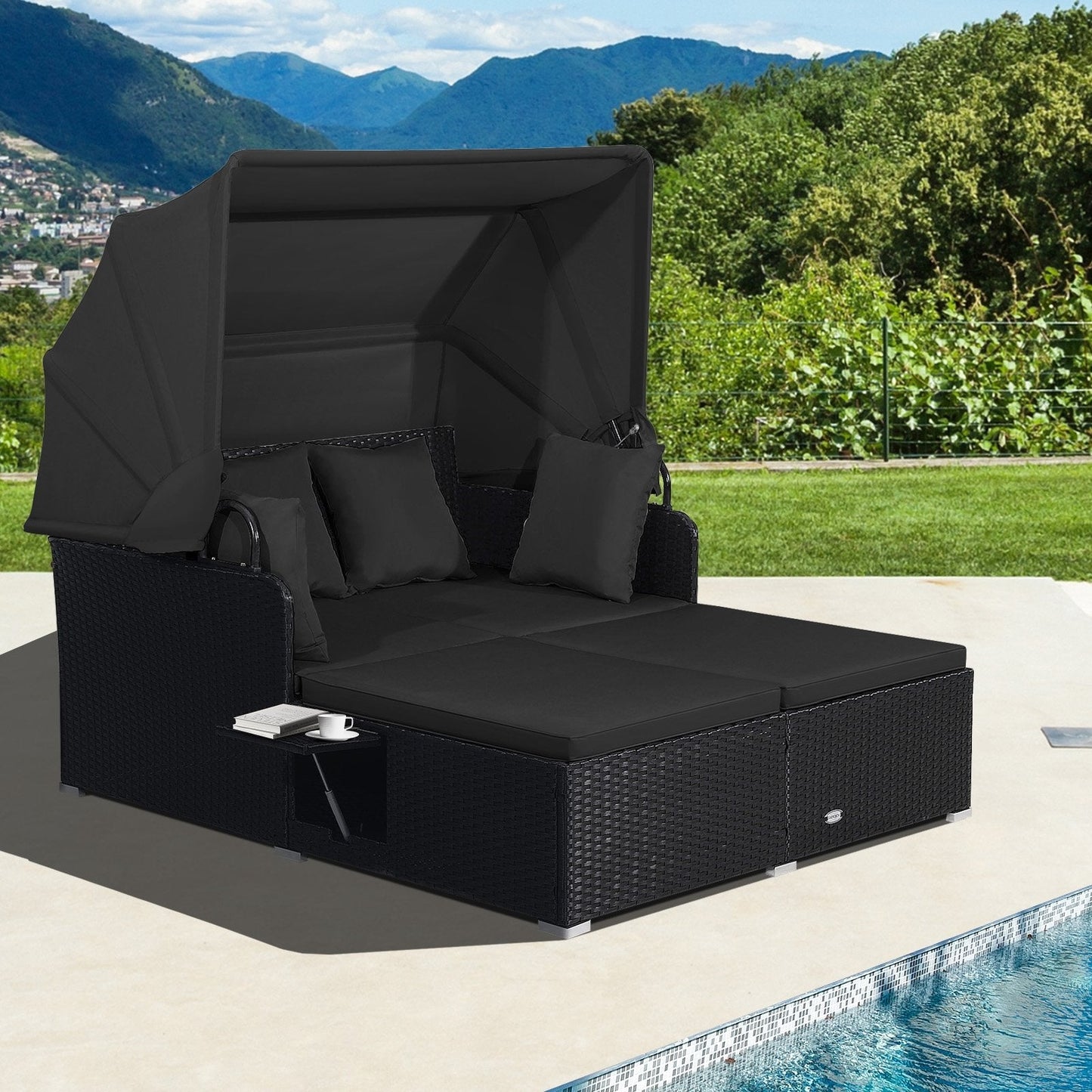 Patio Rattan Daybed with Retractable Canopy and Side Tables-Black (1 box unassembled)