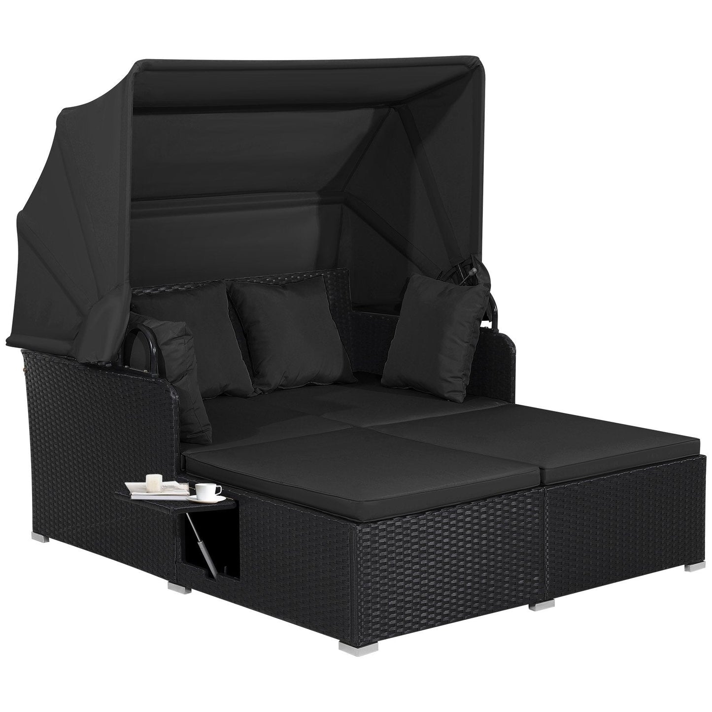Patio Rattan Daybed with Retractable Canopy and Side Tables-Black (1 box unassembled)