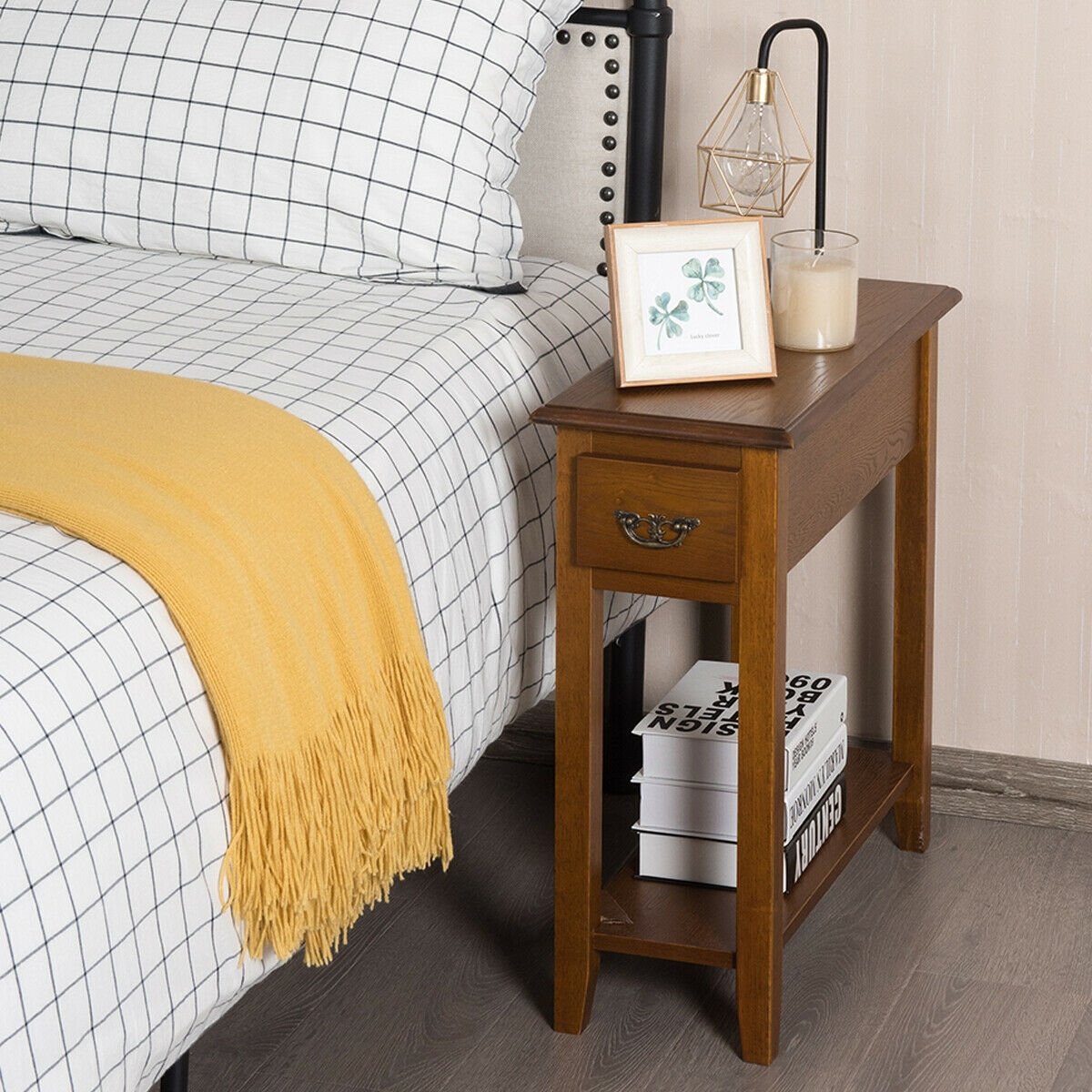 2 Tier End Bedside Sofa Side Table Narrow Nightstand-Black (Assembled)