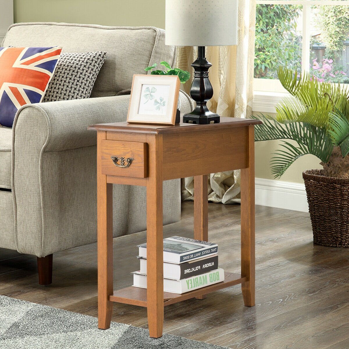 2 Tier End Bedside Sofa Side Table Narrow Nightstand-Black (Assembled)