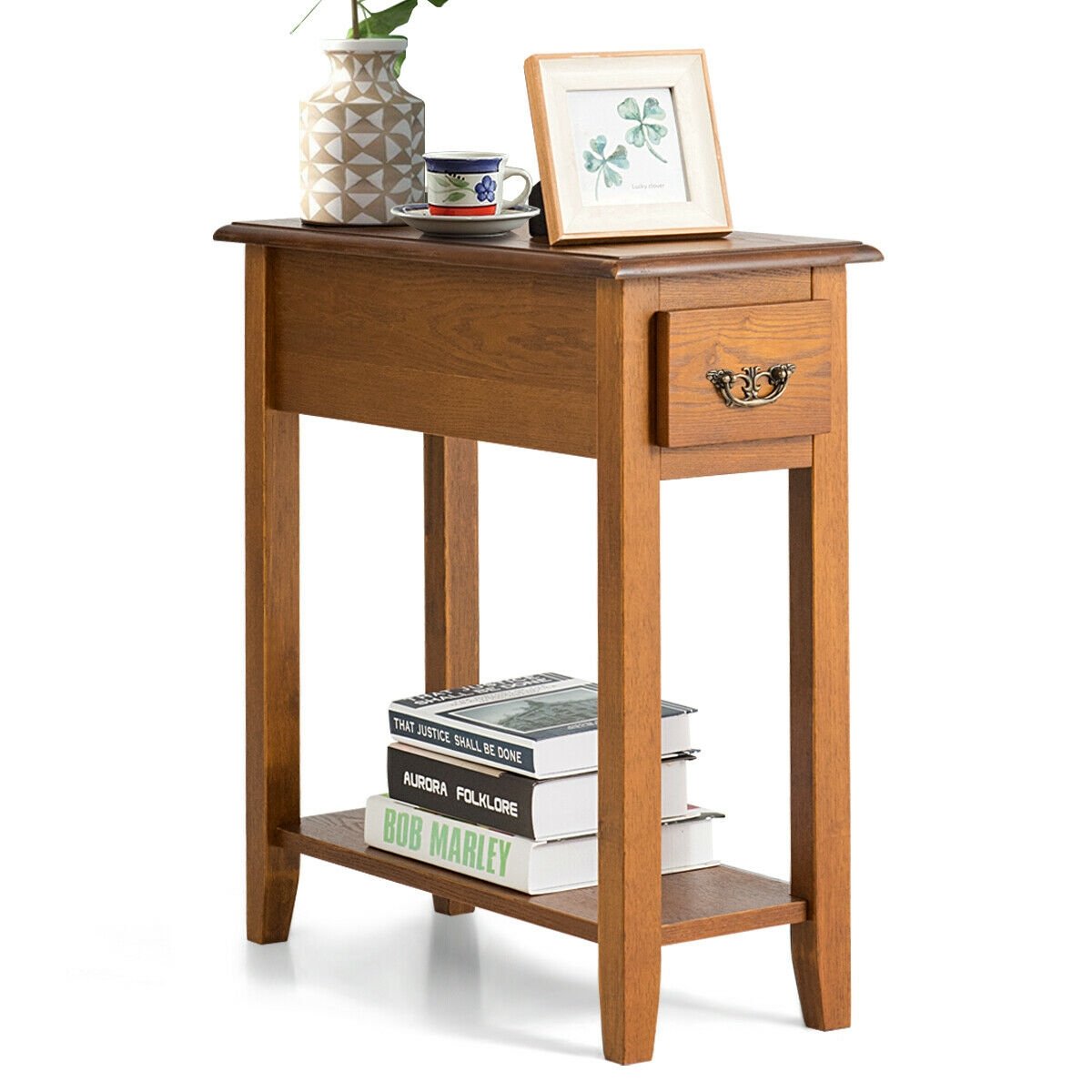 2 Tier End Bedside Sofa Side Table Narrow Nightstand-Black (Assembled)