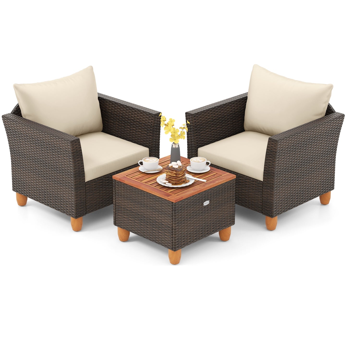 3 Pieces Patio Furniture Set and Acacia Wood Storage Coffee Table-Beige (Assembled)