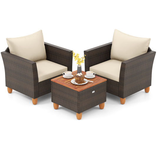 3 Pieces Patio Furniture Set and Acacia Wood Storage Coffee Table-Beige (Assembled)