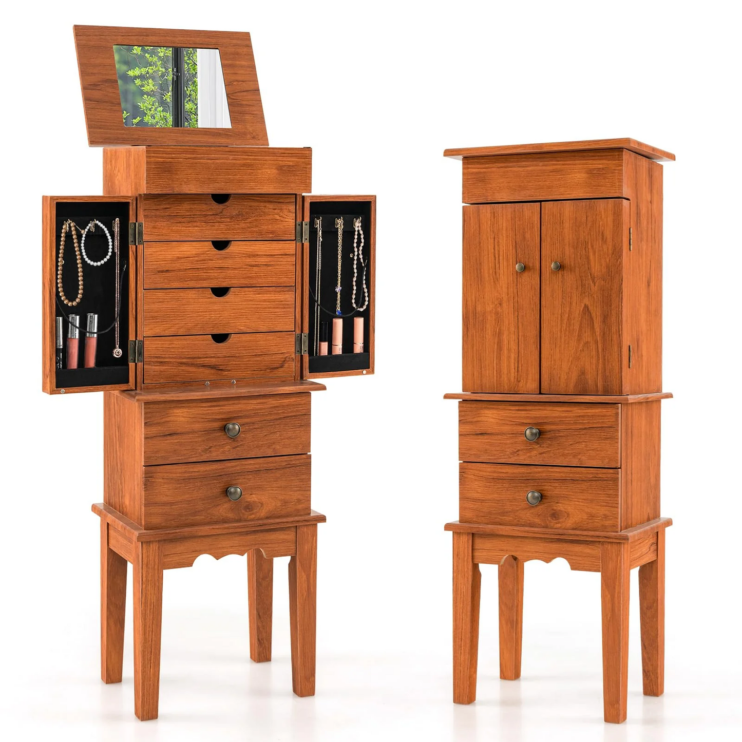 Standing 35``Tall Jewelry Armoire with Flip Top Mirror, 2 Side Doors with 6 Necklace Hooks, Scratch & Dent