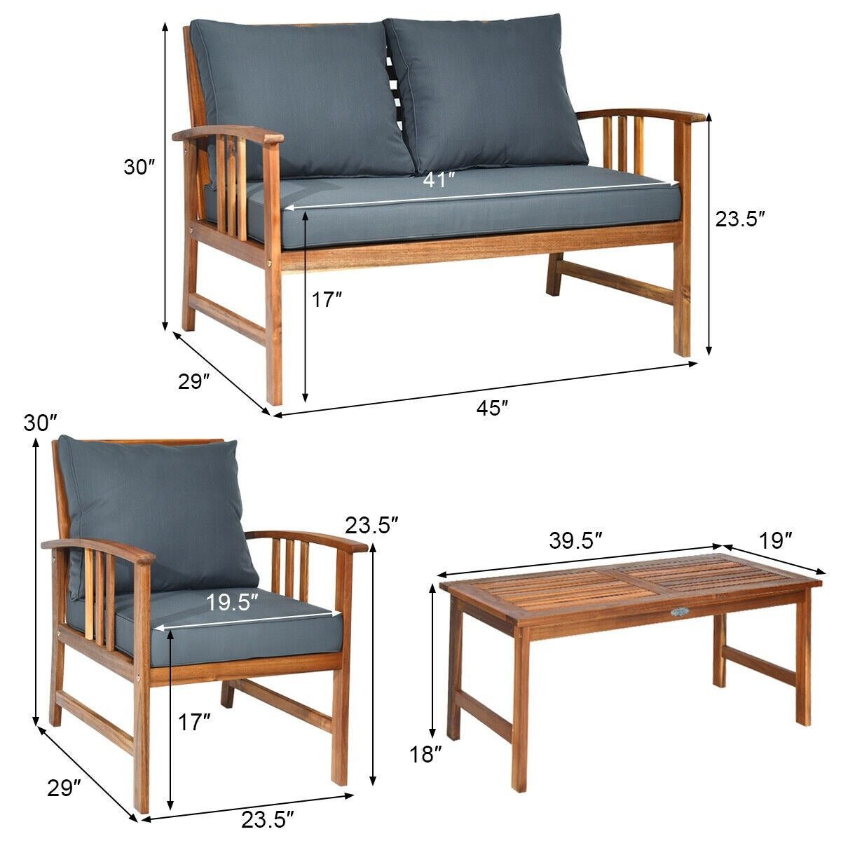 *SPECIAL NO TAX* 4 Pieces Wooden Patio Sofa Chair Set with Cushion *FULLY ASSEMBLED*SCRATCH & DENT*