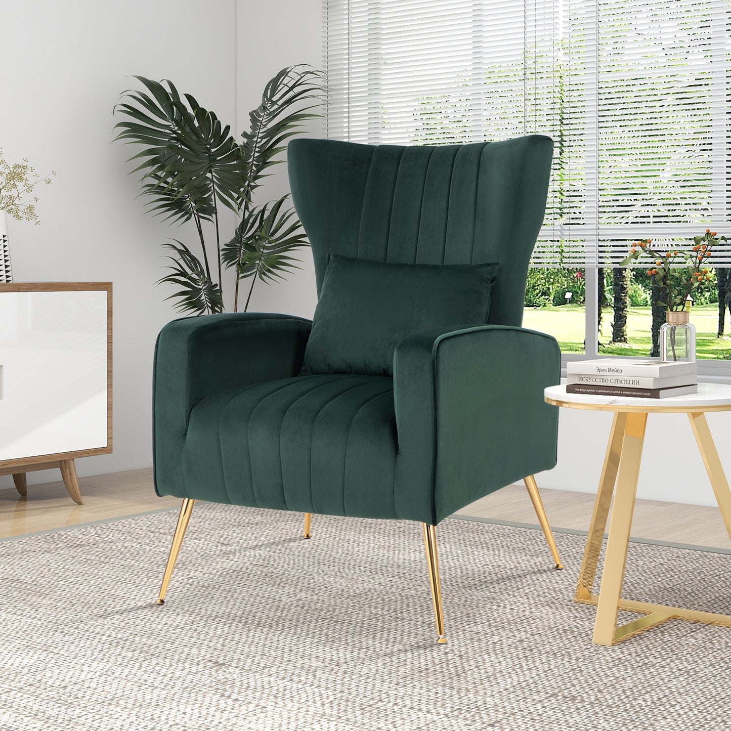 Velvet Upholstered Wingback Chair with Lumbar Pillow and Golden Metal Legs-GREEN