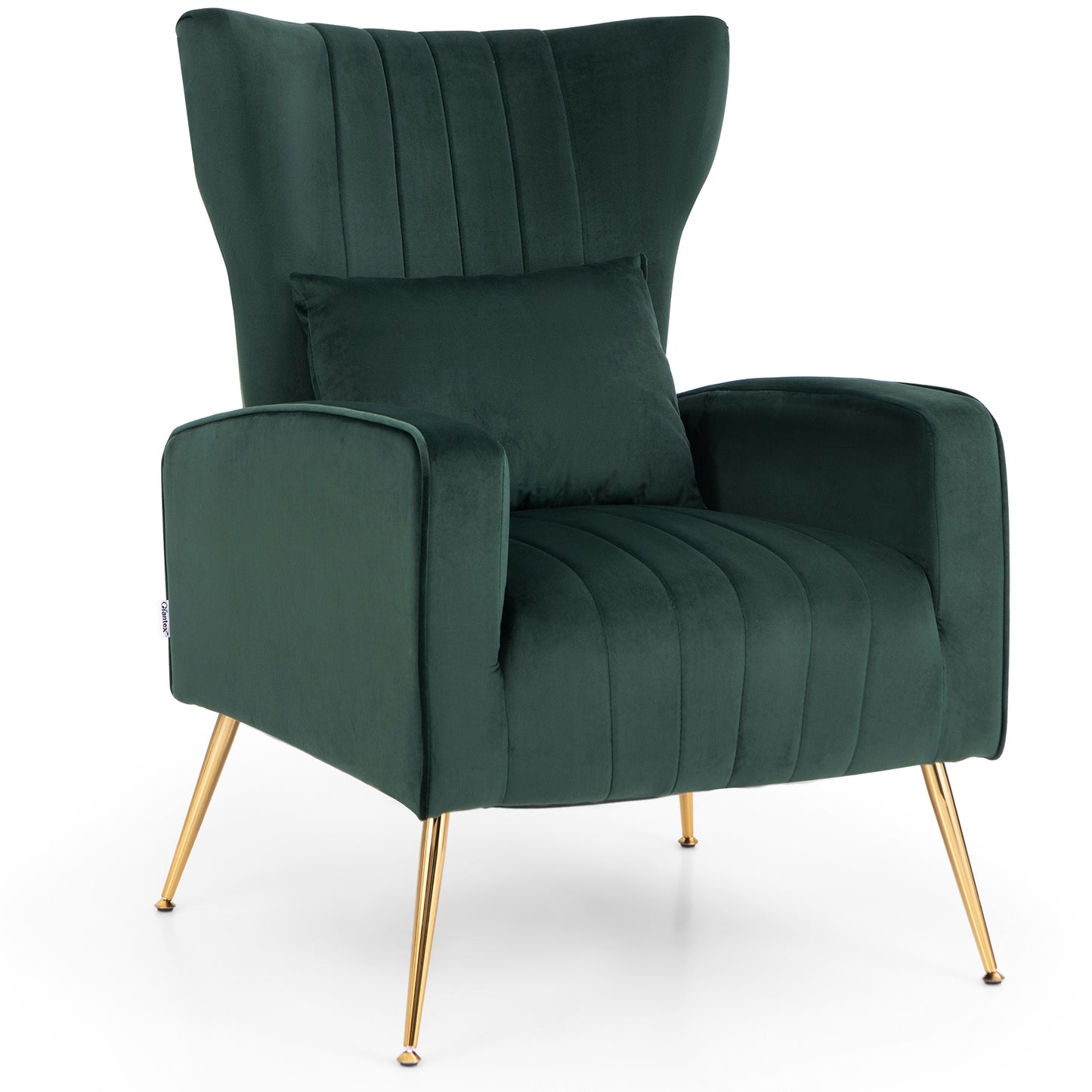 Velvet Upholstered Wingback Chair with Lumbar Pillow and Golden Metal Legs-GREEN