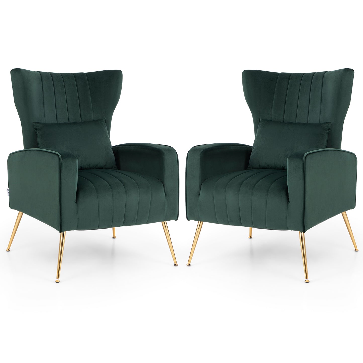 Velvet Upholstered Wingback Chair with Lumbar Pillow and Golden Metal Legs-GREEN