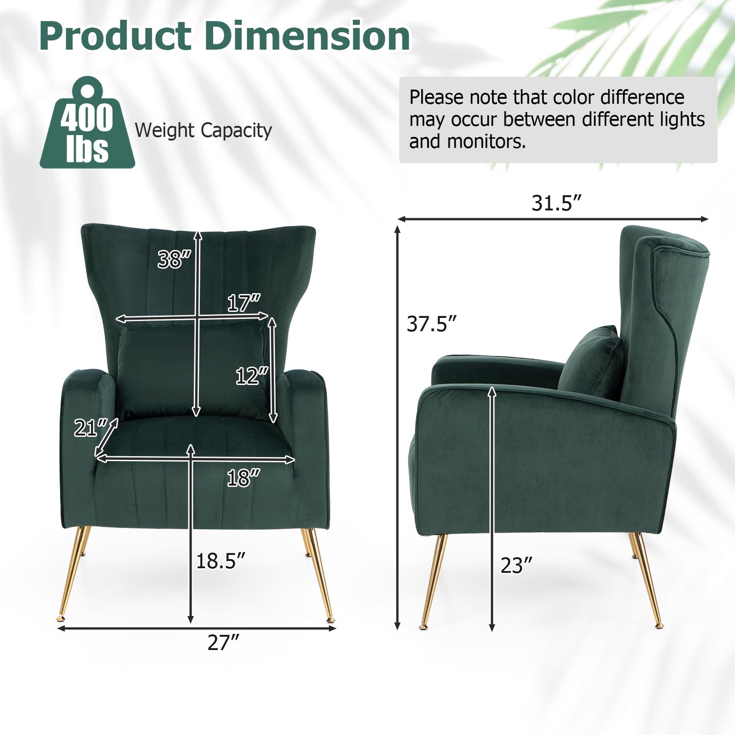 Velvet Upholstered Wingback Chair with Lumbar Pillow and Golden Metal Legs-GREEN