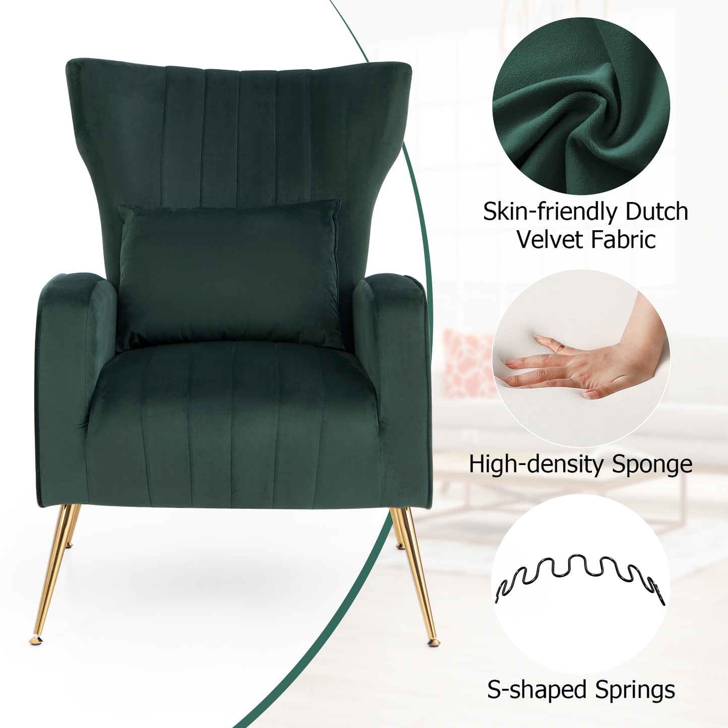 Velvet Upholstered Wingback Chair with Lumbar Pillow and Golden Metal Legs-GREEN