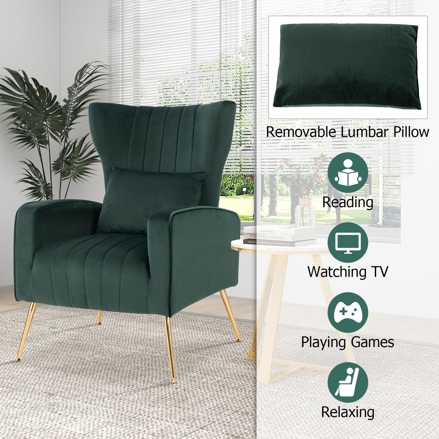 Velvet Upholstered Wingback Chair with Lumbar Pillow and Golden Metal Legs-GREEN