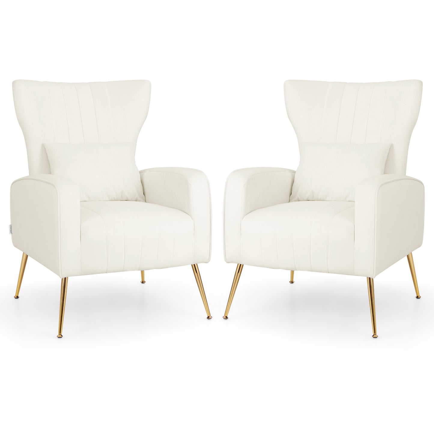 Velvet Upholstered Wingback Chair with Lumbar Pillow and Golden Metal Legs-White