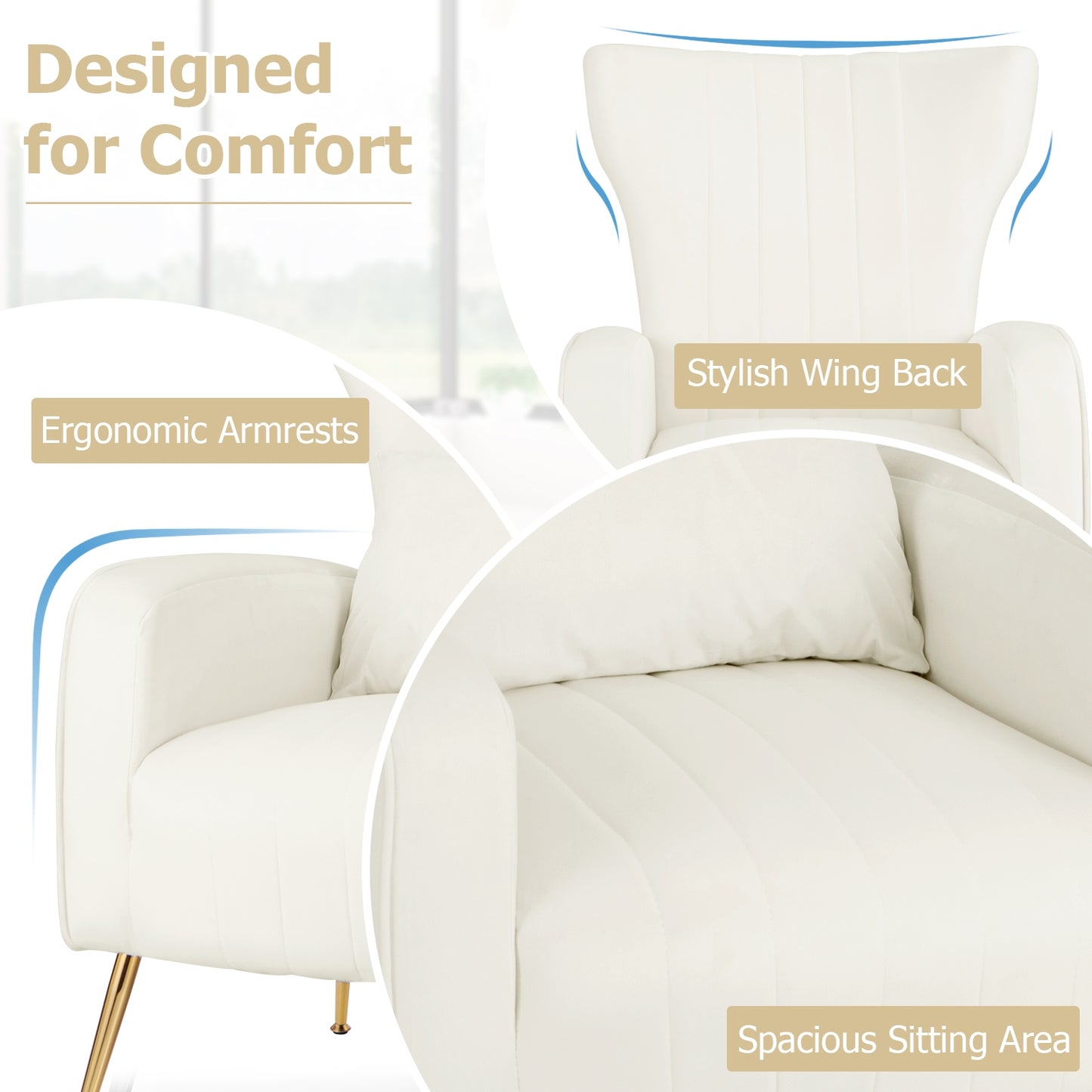 Velvet Upholstered Wingback Chair with Lumbar Pillow and Golden Metal Legs-White