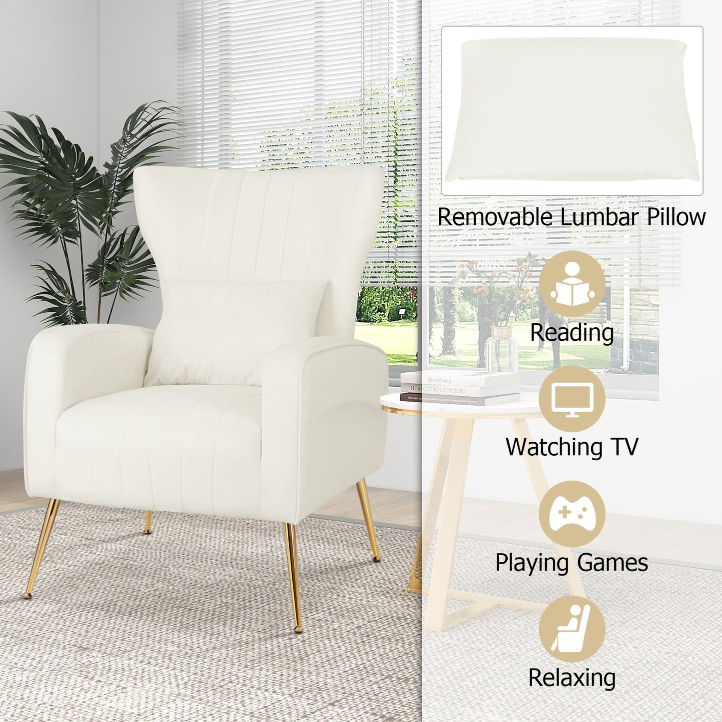 Velvet Upholstered Wingback Chair with Lumbar Pillow and Golden Metal Legs-White