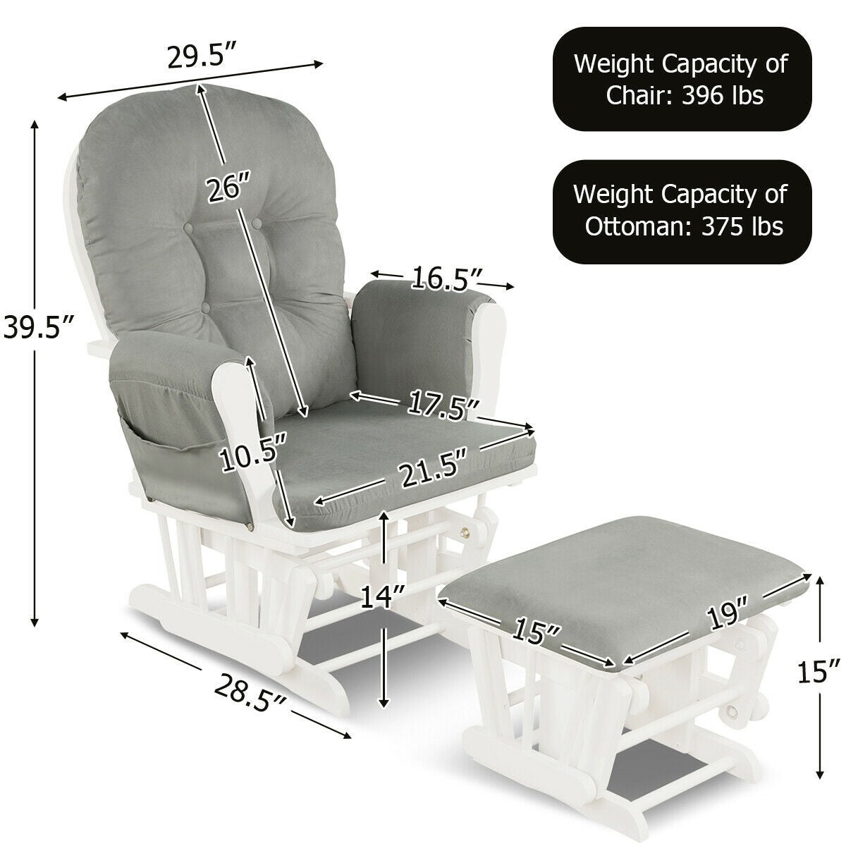 2 Piece Set, Solid Wood Gliding Chair Set with Pockets and Ottoman for Relaxing, assembled