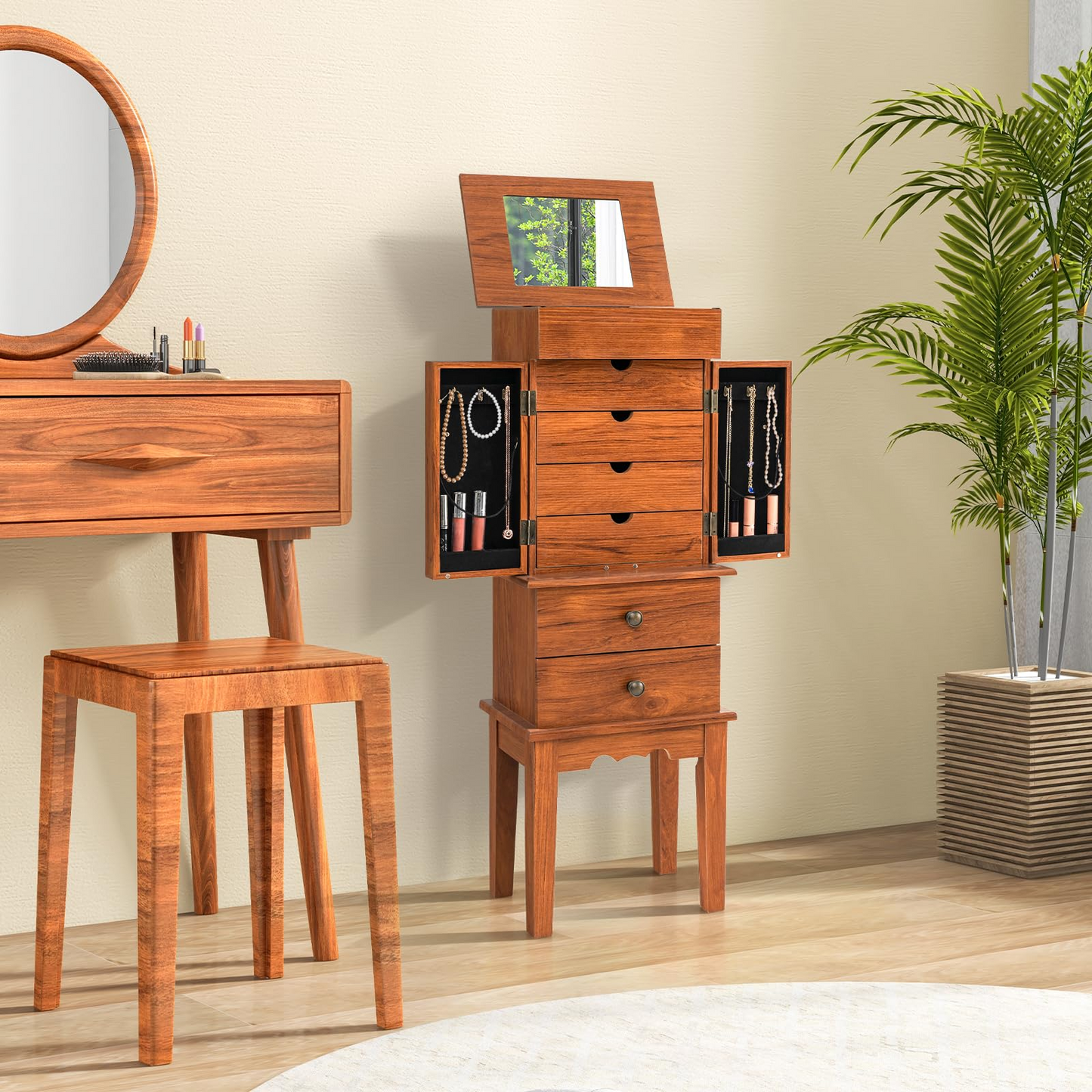 Standing 35``Tall Jewelry Armoire with Flip Top Mirror, 2 Side Doors with 6 Necklace Hooks, Scratch & Dent