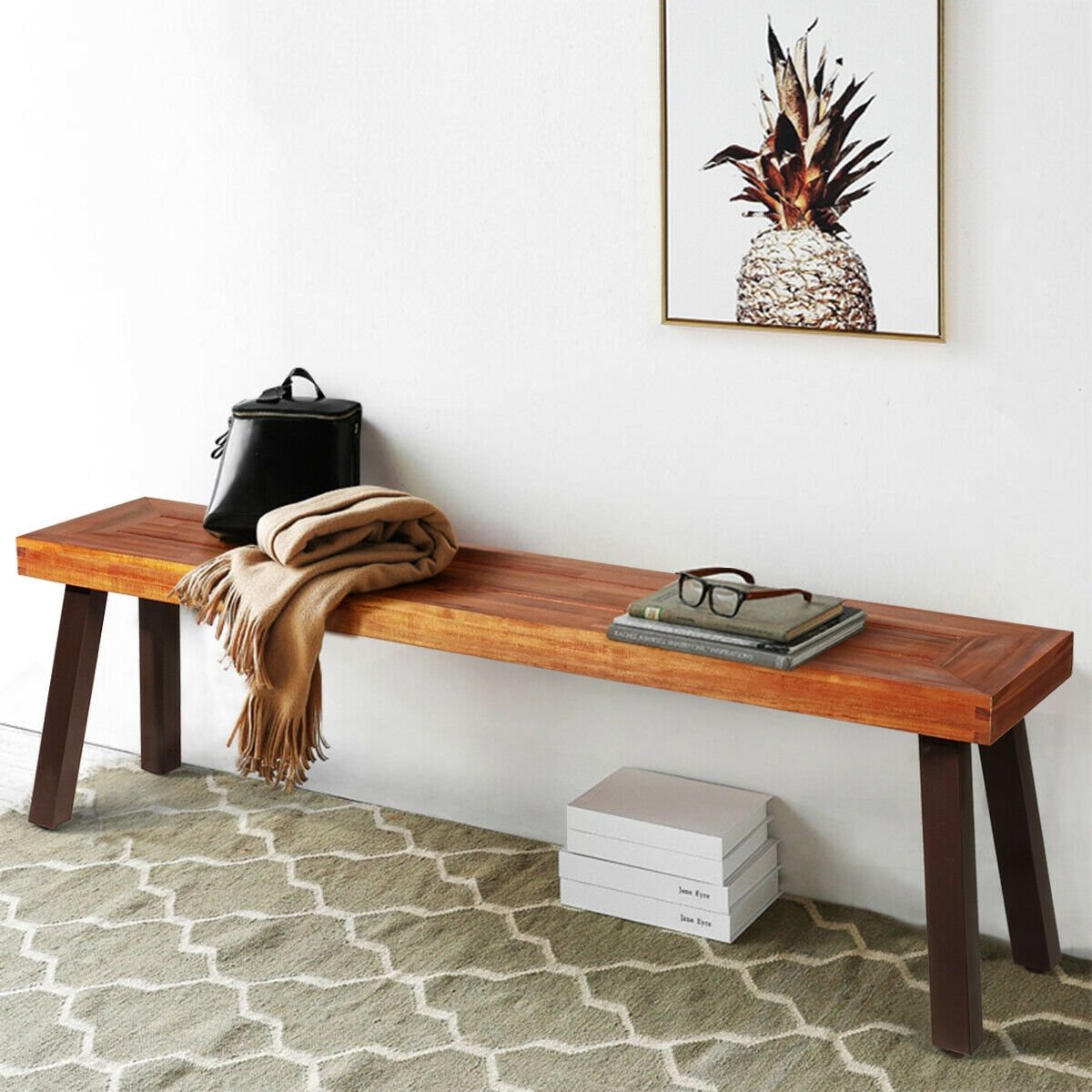Patio Acacia Wood Dining Bench Seat with Steel Legs (Assembled) [Shipping Damage]