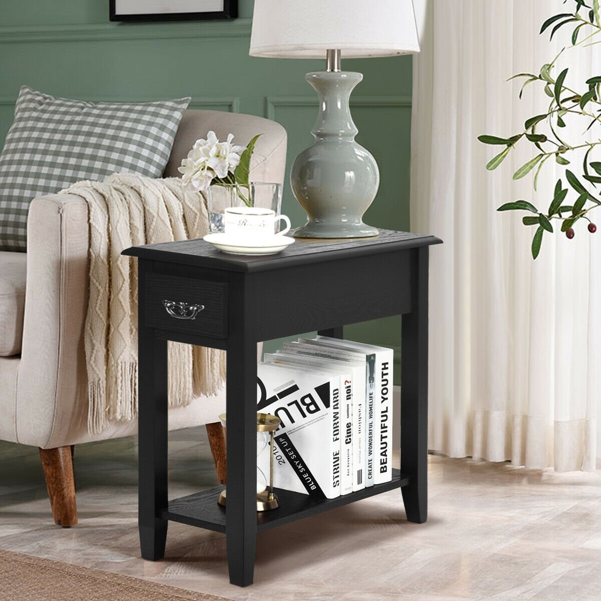 2 Tier End Bedside Sofa Side Table Narrow Nightstand-Black (Assembled)