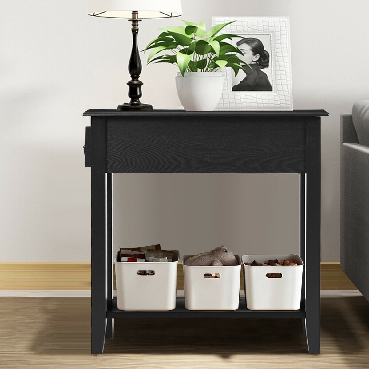 2 Tier End Bedside Sofa Side Table Narrow Nightstand-Black (Assembled)