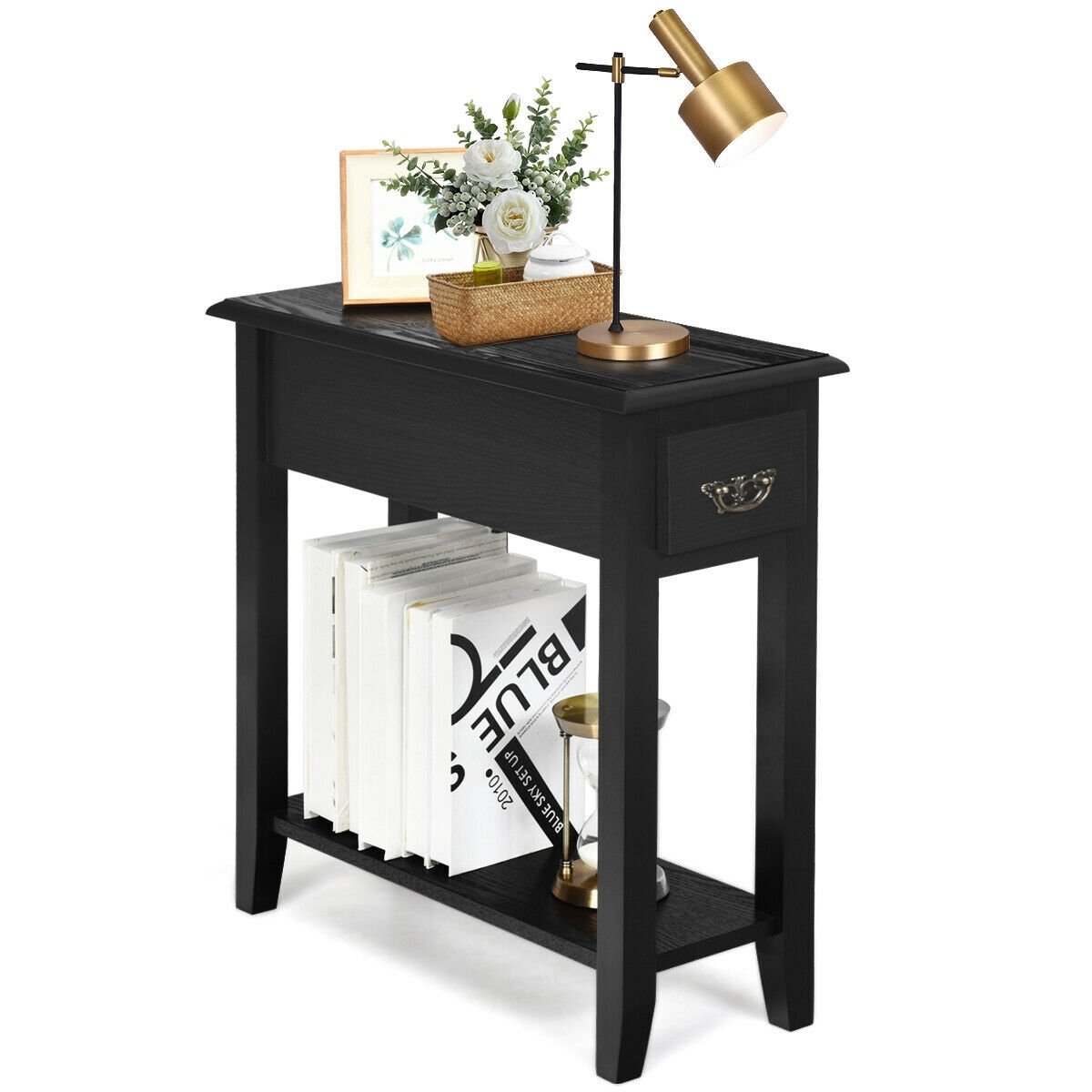 2 Tier End Bedside Sofa Side Table Narrow Nightstand-Black (Assembled)