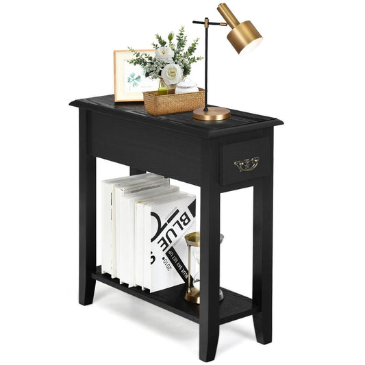 2 Tier End Bedside Sofa Side Table Narrow Nightstand-Black (Assembled)