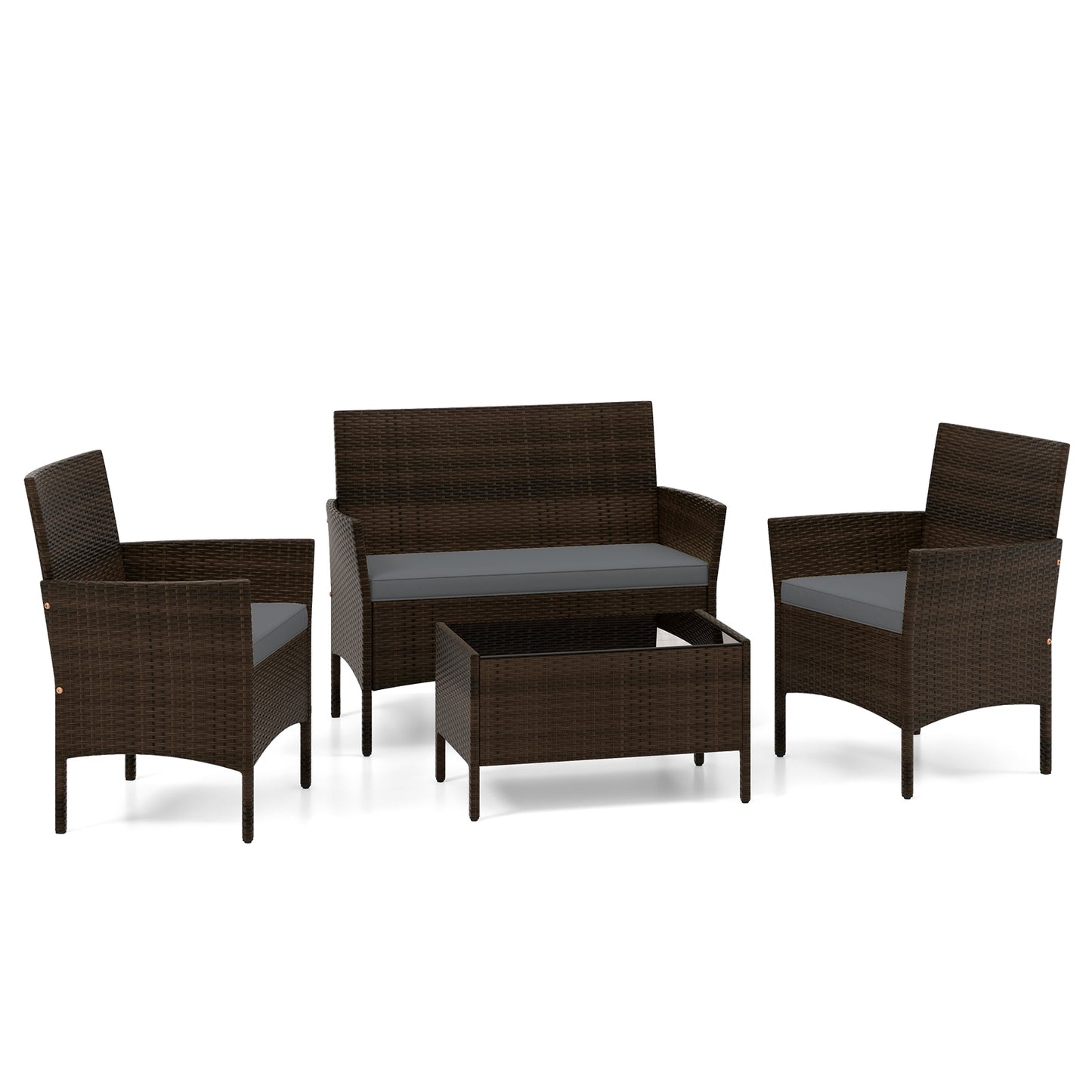 4 Piece Patio Rattan Conversation Set with Cozy Seat Cushions-Gray (Assembled)