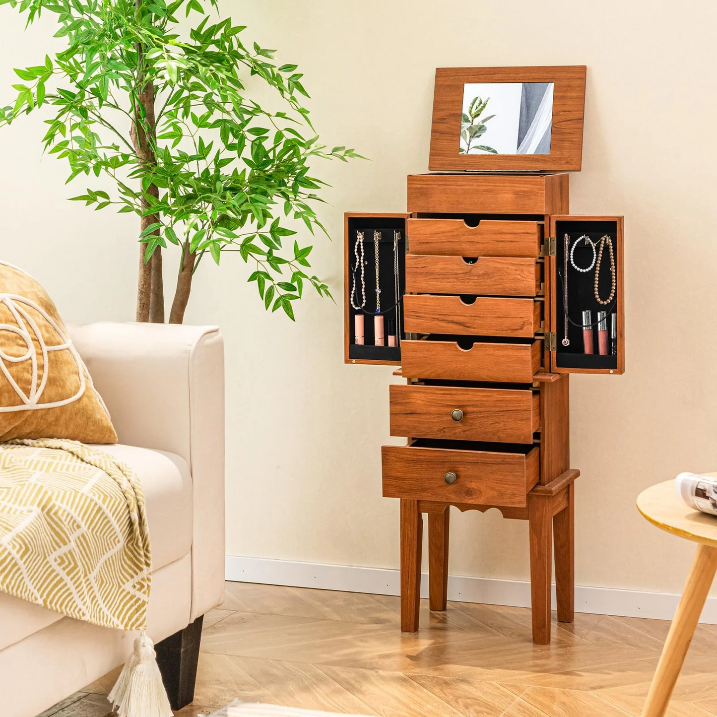 Standing 35``Tall Jewelry Armoire with Flip Top Mirror, 2 Side Doors with 6 Necklace Hooks, Scratch & Dent