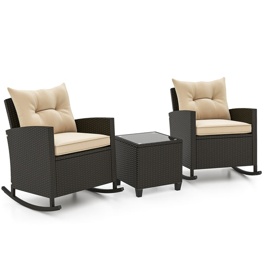 3 piece Patio Rattan Rocker Chairs with Tempered Glass Table -Beige (1 box, unassembled)