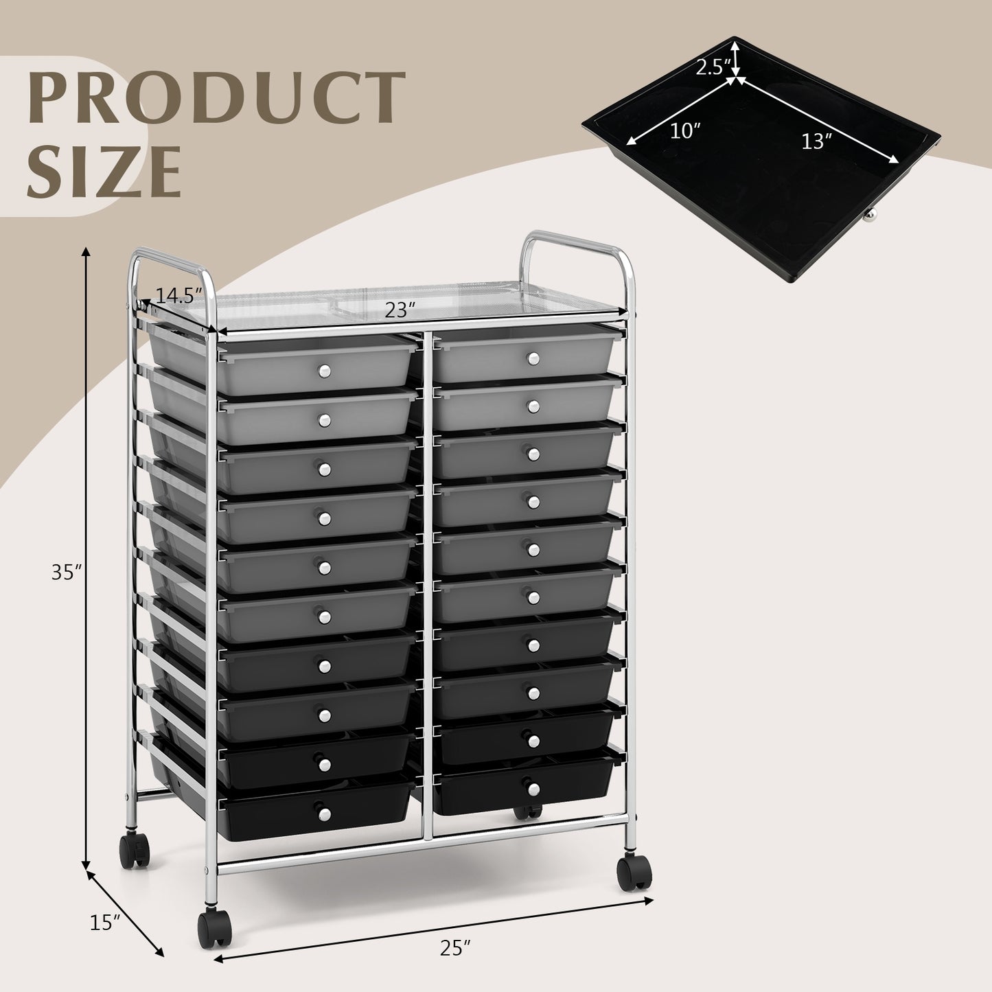 20 Drawers Rolling Storage Cart Studio Organizer-Black & Gray (Fully Assembled)