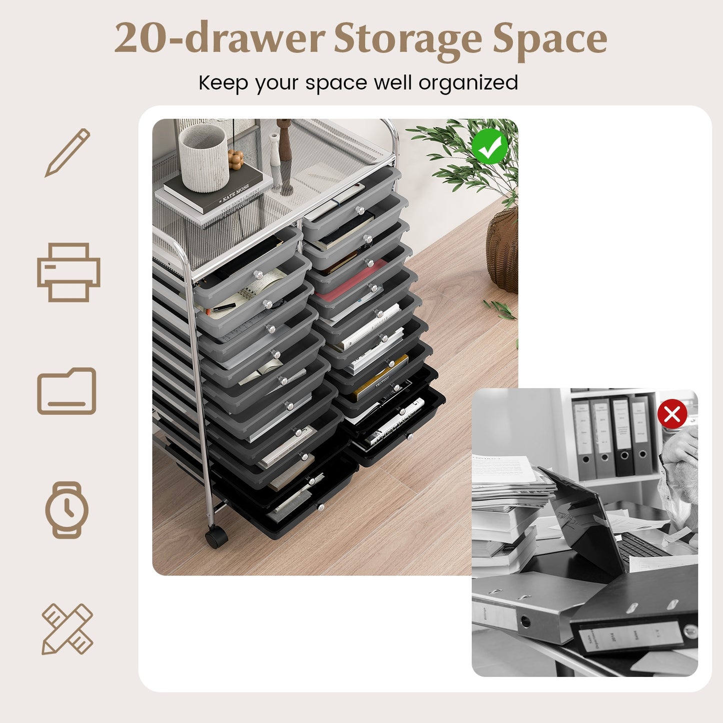 20 Drawers Rolling Storage Cart Studio Organizer-Black & Gray (Fully Assembled)