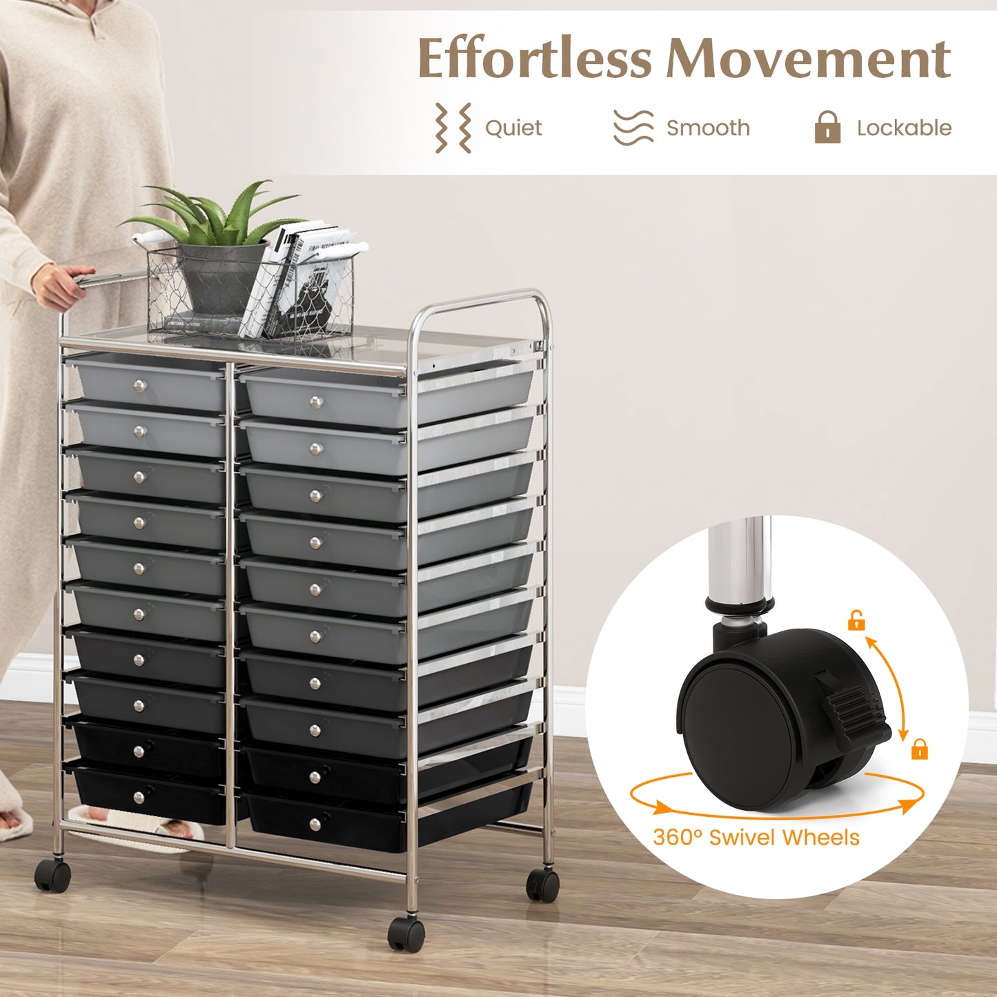 20 Drawers Rolling Storage Cart Studio Organizer-Black & Gray (Fully Assembled)