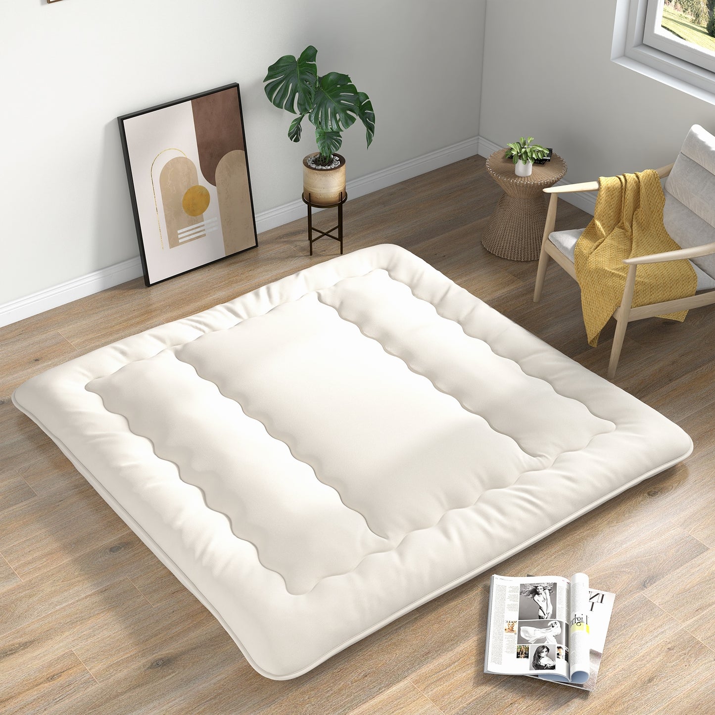 King Size - Full Futon Mattress Floor Sleeping Pad with Washable Cover Beige