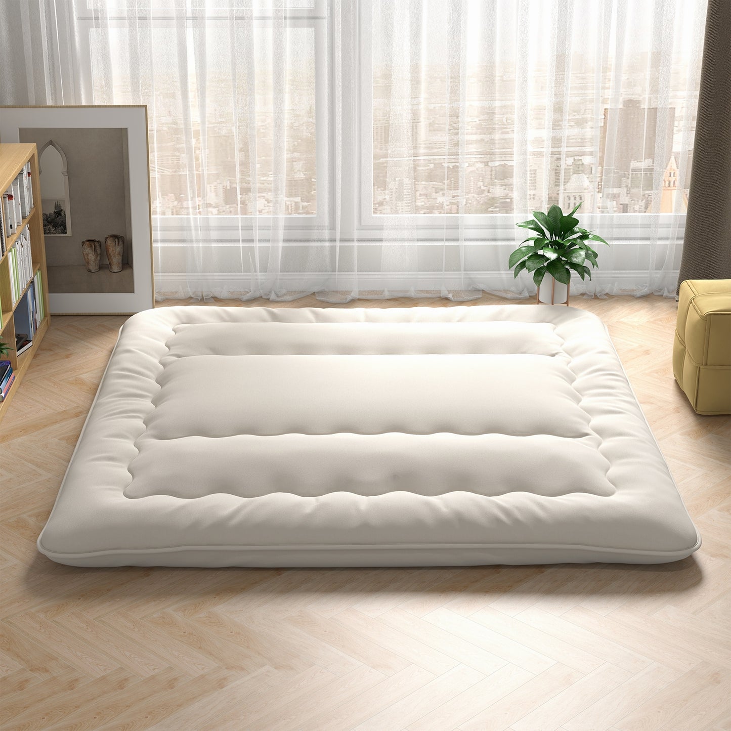 King Size - Full Futon Mattress Floor Sleeping Pad with Washable Cover Beige