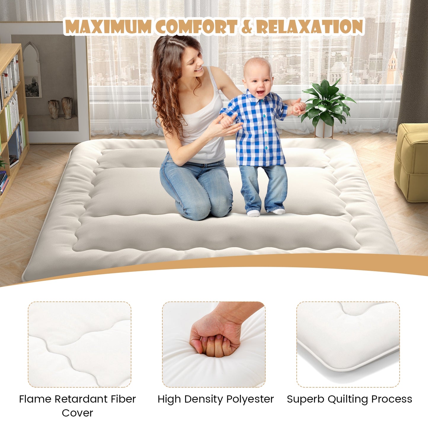 King Size - Full Futon Mattress Floor Sleeping Pad with Washable Cover Beige