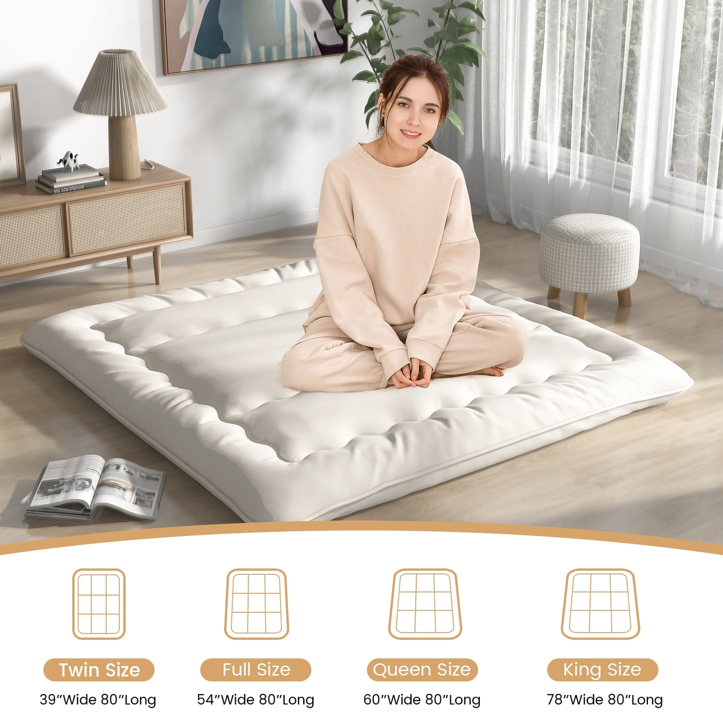 King Size - Full Futon Mattress Floor Sleeping Pad with Washable Cover Beige