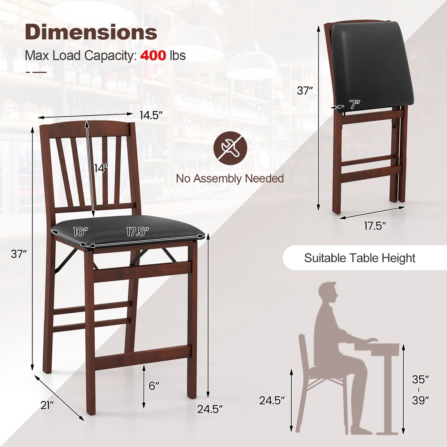 Set of 2, Counter Height Chairs Folding Kitchen Island Stool with Padded Seat-Brown