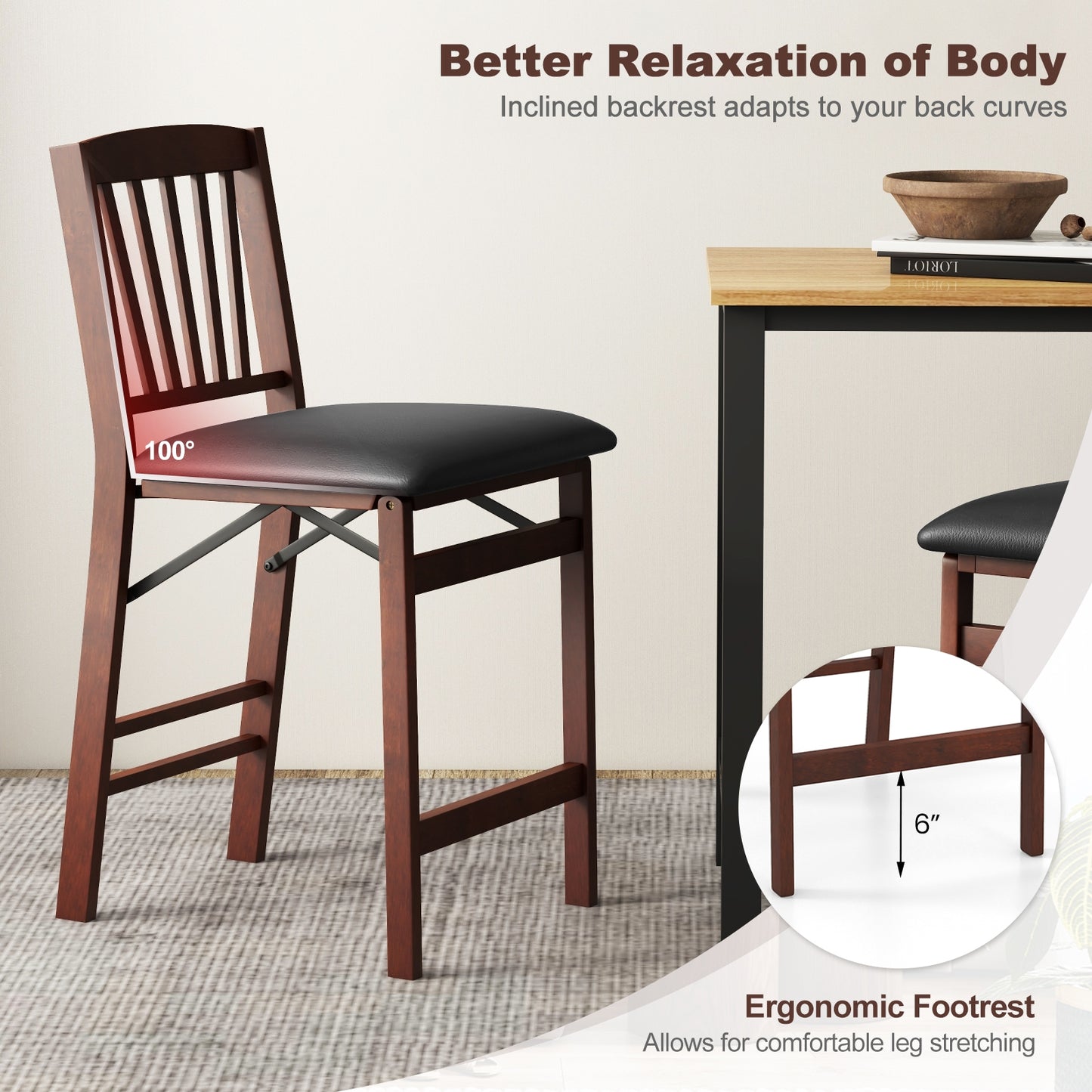 Set of 2, Counter Height Chairs Folding Kitchen Island Stool with Padded Seat-Brown