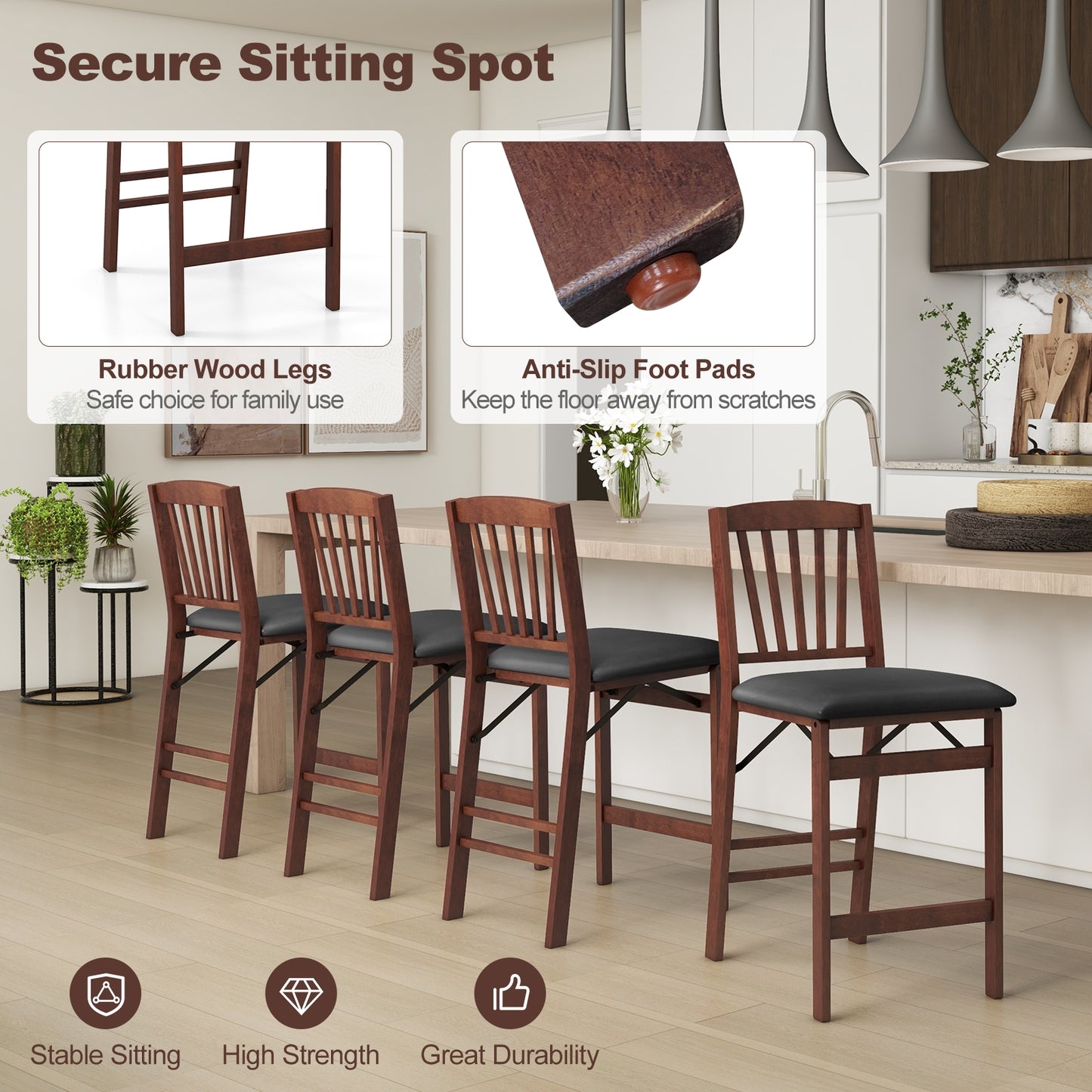 Set of 2, Counter Height Chairs Folding Kitchen Island Stool with Padded Seat-Brown
