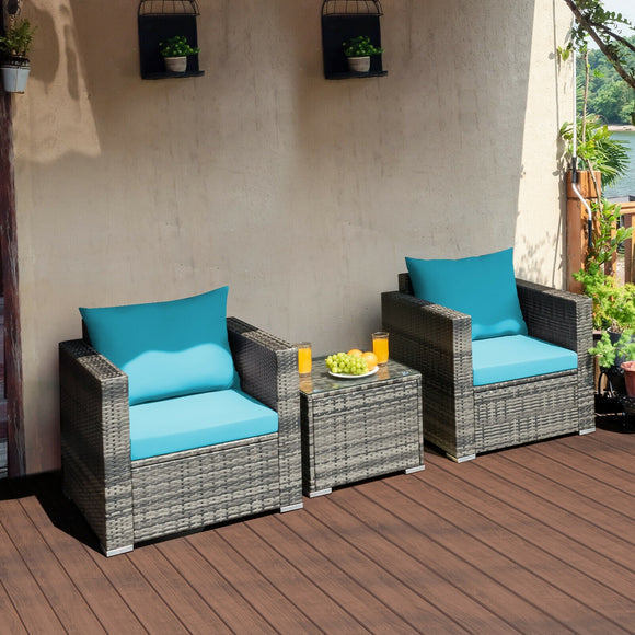 3 Pieces Patio Rattan Furniture Bistro Sofa Set with Cushioned-Turquoise - Fully Assembled