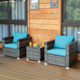 3 Pieces Patio Rattan Furniture Bistro Sofa Set with Cushioned-Turquoise - Fully Assembled