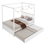 *SPECIAL * - Full Size Canopy Bed with Trundle Wooden Platform Bed Frame Headboard-White (1 Box, Unassembled)