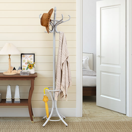 Wood Standing Hat Coat Rack with Umbrella Stand-Gray