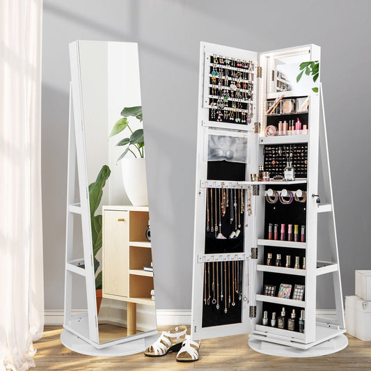 360° Rotating Mirrored Jewelry Cabinet Armoire 3 Color LED Modes Lockable-White (Scratch and Dent)