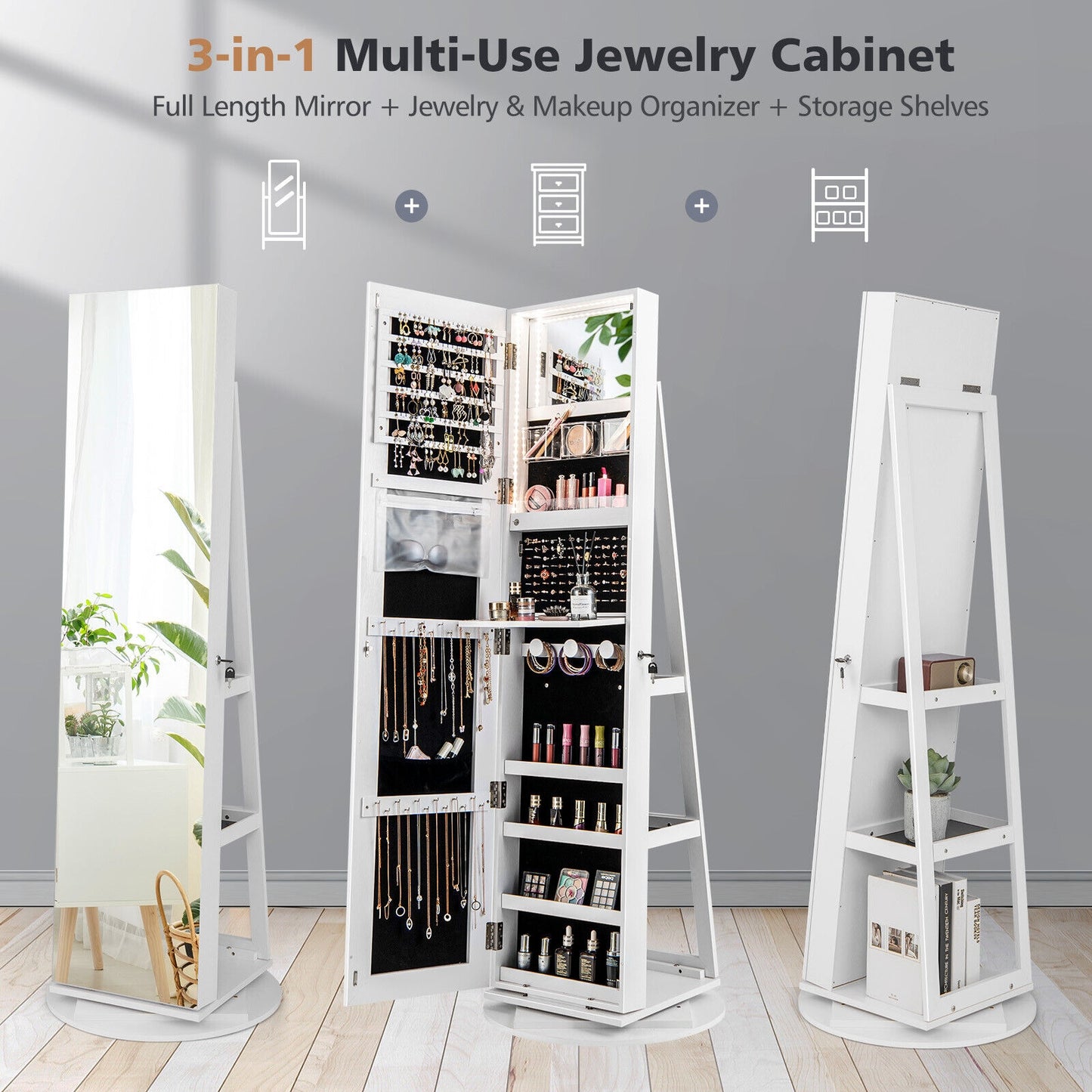 360° Rotating Mirrored Jewelry Cabinet Armoire 3 Color LED Modes Lockable-White (Scratch and Dent)
